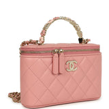 Chanel Flower Top Handle Long Vanity Case with Chain Pink Lambskin Light Gold Hardware