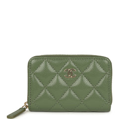 Chanel Classic Zipped Coin Purse Wallet Khaki Shiny Caviar Light Gold Hardware