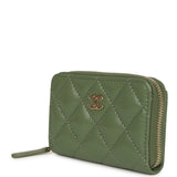 Chanel Classic Zipped Coin Purse Wallet Khaki Shiny Caviar Light Gold Hardware