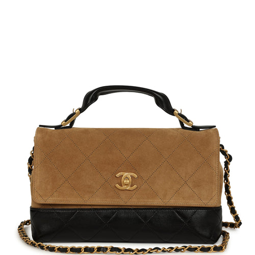 Chanel Coco Base Top Handle Flap Bag Brown Suede and Black Shiny Lambskin Brushed Gold Hardware