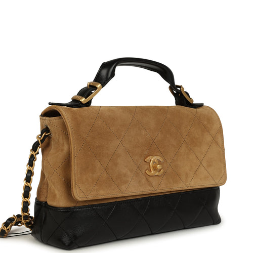 Chanel Coco Base Top Handle Flap Bag Brown Suede and Black Shiny Lambskin Brushed Gold Hardware