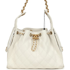 Chanel Small 25 Hobo Bag White Caviar Antique Gold Hardware