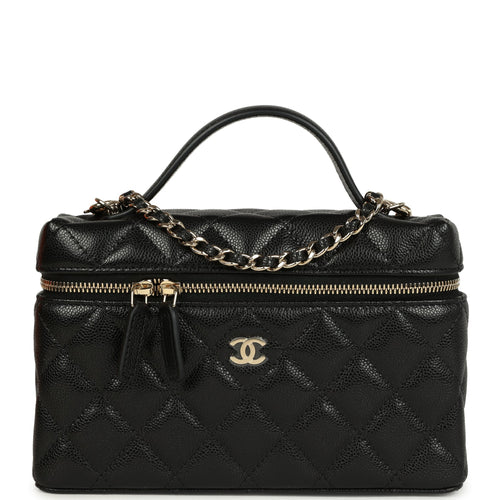 Chanel Top Handle Long Vanity Case with Chain Black Shiny Caviar Light Gold Hardware