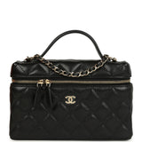 Chanel Top Handle Long Vanity Case with Chain Black Shiny Caviar Light Gold Hardware