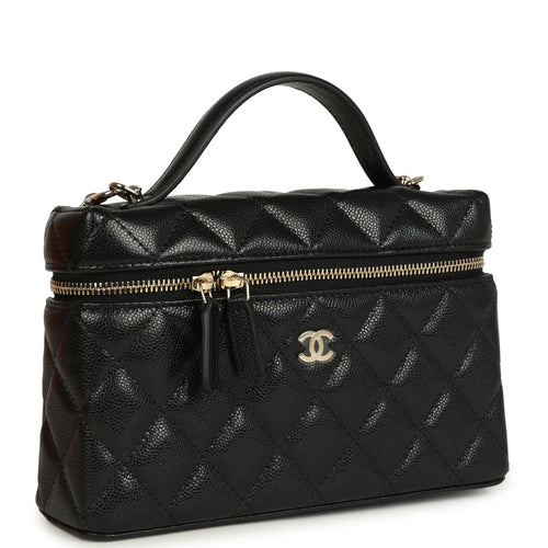 Chanel Top Handle Long Vanity Case with Chain Black Shiny Caviar Light Gold Hardware