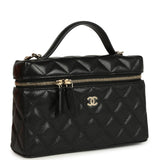 Chanel Top Handle Long Vanity Case with Chain Black Shiny Caviar Light Gold Hardware