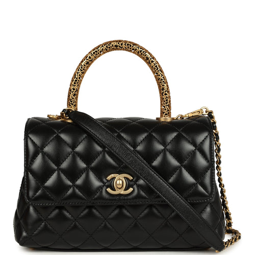 Chanel Mini Coco Top Handle Flap Bag Shiny Calfskin Brushed Gold Hardware
