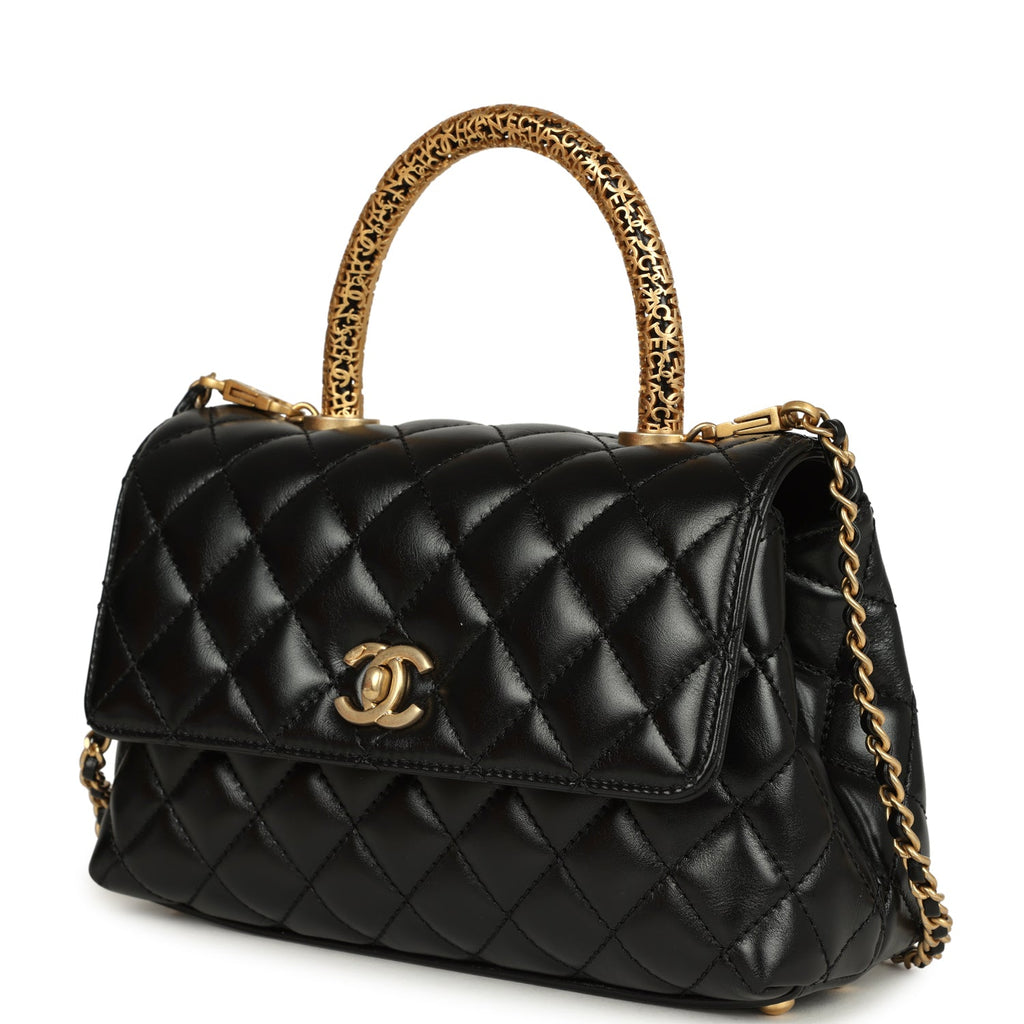 Chanel Small Coco Top Handle Flap Bag Shiny Calfskin Brushed Gold Hard