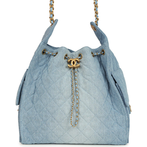 Chanel Medium 25 Hobo Bag Light Blue Washed Denim Antique Gold Hardware