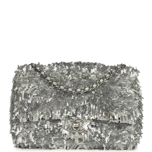 Chanel Mini Rectangular Fringe Flap Bag Silver Sequin Silver Hardware