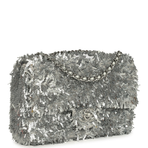 Chanel Mini Rectangular Fringe Flap Bag Silver Sequin Silver Hardware
