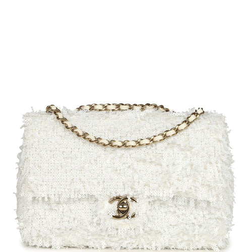 Chanel Mini Rectangular Fringe Flap Bag White Sequin Gold Hardware