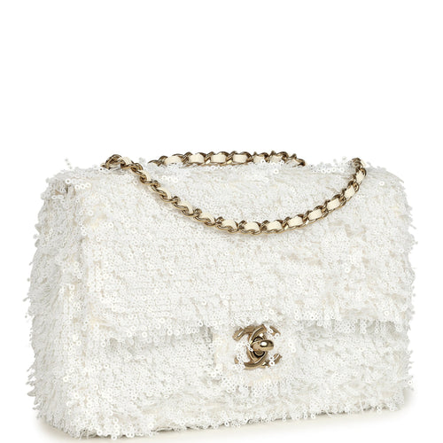 Chanel Mini Rectangular Fringe Flap Bag White Sequin Gold Hardware