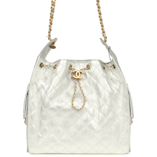 Chanel Medium 25 Hobo Bag Metallic Silver Caviar Antique Gold Hardware