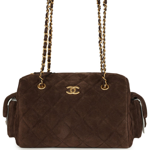 Chanel Small Bowling Bag Dark Brown Suede Antique Gold Hardware