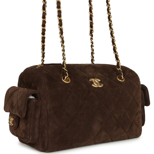Chanel Small Bowling Bag Dark Brown Suede Antique Gold Hardware