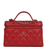Chanel Top Handle Long Vanity Case with Chain Red Shiny Caviar Light Gold Hardware