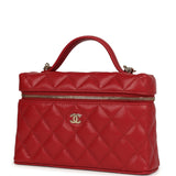 Chanel Top Handle Long Vanity Case with Chain Red Shiny Caviar Light Gold Hardware