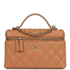 Chanel Top Handle Long Vanity Case with Chain Dark Beige Shiny Caviar Light Gold Hardware