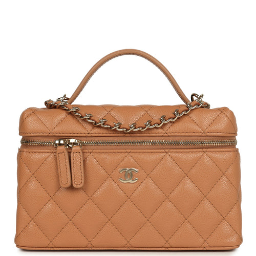 Chanel Top Handle Long Vanity Case with Chain Dark Beige Shiny Caviar Light Gold Hardware