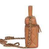 Chanel Top Handle Long Vanity Case with Chain Dark Beige Shiny Caviar Light Gold Hardware