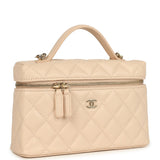 Chanel Top Handle Long Vanity Case with Chain Light Beige Shiny Caviar Light Gold Hardware