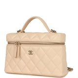 Chanel Top Handle Long Vanity Case with Chain Light Beige Shiny Caviar Light Gold Hardware