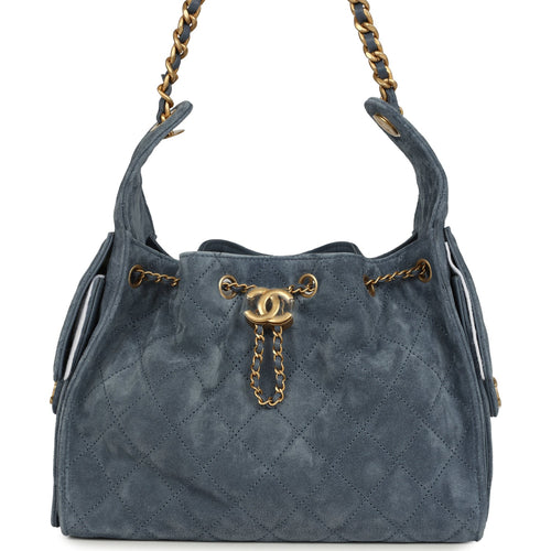 Chanel Small 25 Hobo Bag Blue Suede Antique Gold Hardware