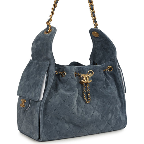 Chanel Small 25 Hobo Bag Blue Suede Antique Gold Hardware