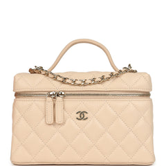 Chanel Top Handle Long Vanity Case with Chain Light Beige Shiny Caviar Light Gold Hardware