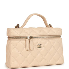 Chanel Top Handle Long Vanity Case with Chain Light Beige Shiny Caviar Light Gold Hardware