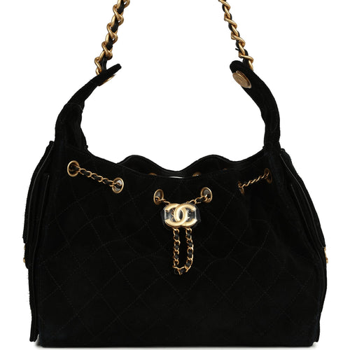 Chanel Small 25 Hobo Bag Black Suede Antique Gold Hardware