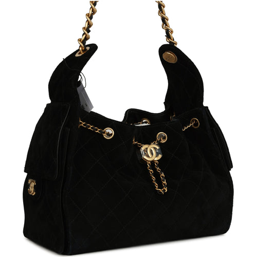 Chanel Small 25 Hobo Bag Black Suede Antique Gold Hardware