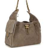 Chanel Small 25 Hobo Bag Dark Grey Suede Antique Gold Hardware
