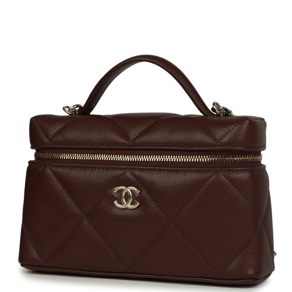 CHANEL ブラウンレザー ケース Chanel Top Handle Slim Vanity Case with Chain Dark Brown Shiny Caviar