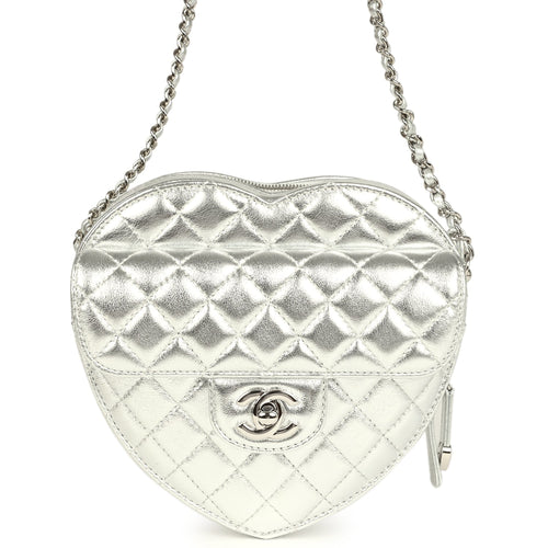 Chanel CC In Love Large Heart Bag with Chain Silver Metallic Lambskin Silver Hardware