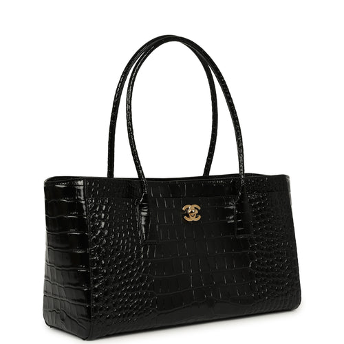 Chanel Small Cerf Shopping Bag Black Croc Embossed Calfskin Gold Hardware
