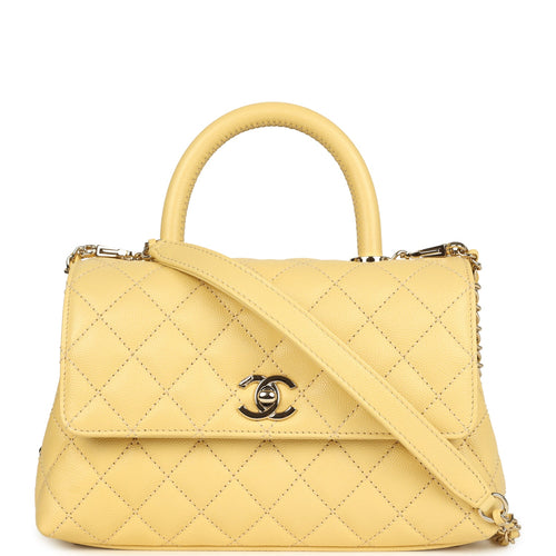 Chanel Mini Coco Top Handle Flap Bag Yellow Shiny Caviar Light Gold Hardware