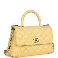 Chanel Mini Coco Top Handle Flap Bag Yellow Shiny Caviar Light Gold Hardware