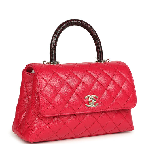 Chanel Small Coco Top Handle Flap Bag Dark Red Shiny Caviar and Burgundy Lizard Light Gold Hardware