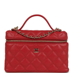 Chanel Top Handle Long Vanity Case with Chain Red Shiny Caviar Light Gold Hardware