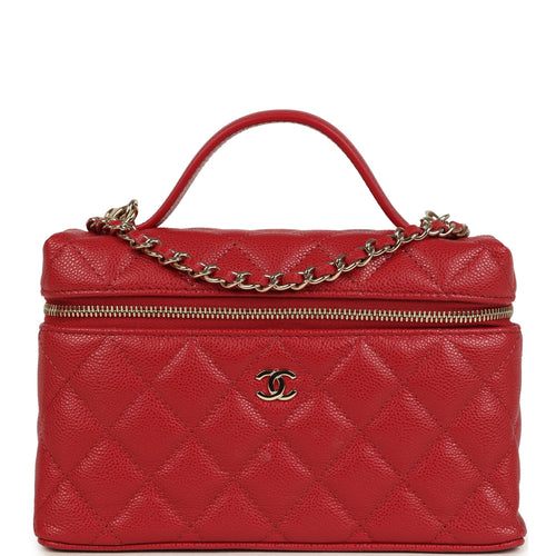 Chanel Top Handle Long Vanity Case with Chain Red Shiny Caviar Light Gold Hardware