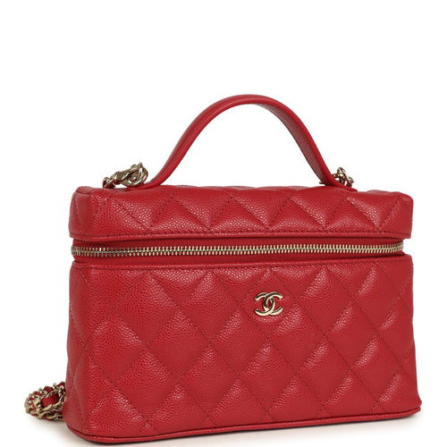 Chanel Top Handle Long Vanity Case with Chain Red Shiny Caviar Light Gold Hardware