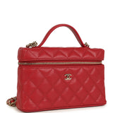 Chanel Top Handle Long Vanity Case with Chain Red Shiny Caviar Light Gold Hardware