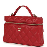 Chanel Top Handle Long Vanity Case with Chain Red Shiny Caviar Light Gold Hardware