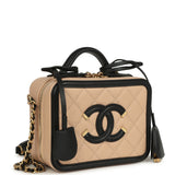 Pre-owned Chanel Small CC Filigree Vanity Case Black and Beige Caviar Antique Gold Hardware