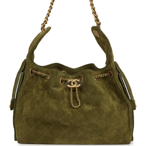 Chanel Small 25 Hobo Bag Khaki Suede Antique Gold Hardware