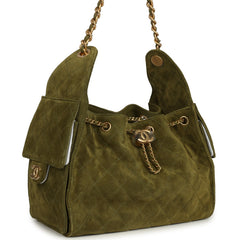 Chanel Small 25 Hobo Bag Khaki Suede Antique Gold Hardware