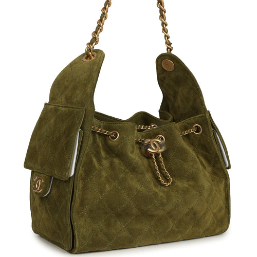 Chanel Small 25 Hobo Bag Khaki Suede Antique Gold Hardware