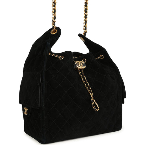 Chanel Medium 25 Hobo Bag Black Suede Antique Gold Hardware
